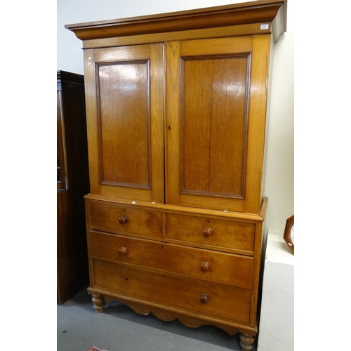 479 - 19th century Welsh pale oak two stage linen press cupboard, the moulded cornice above two blind pane... 