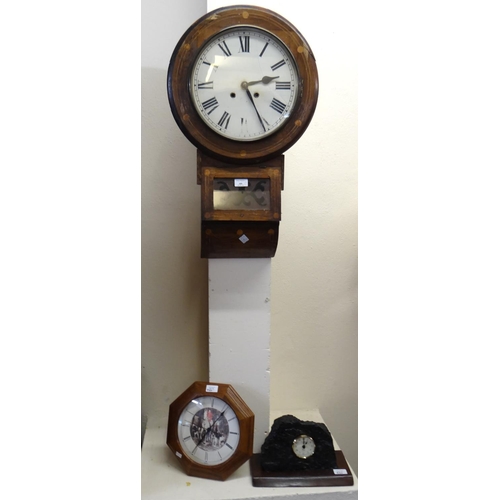 480 - 19th century rosewood inlaid two train drop dial wall clock together with two modern clocks.  (3)   ... 