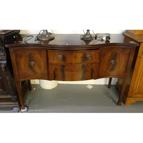 490 - Edwardian style mahogany inlaid serpentine sideboard (reproduction).   (B.P. 21% + VAT)