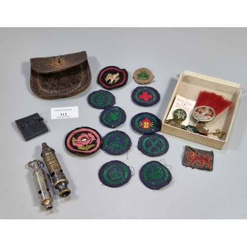 312 - Collection of Girl Guides and Boy Scouts ephemera to include: whistles, Girl Guides badges, pin broo... 