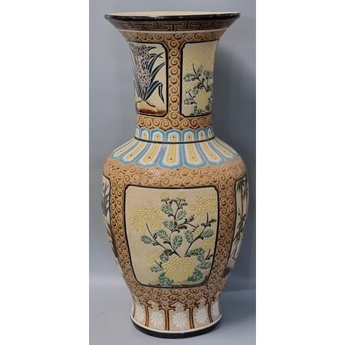 104 - Large oriental design pottery floor vase decorated with vignettes of flowers and foliage, bamboo etc... 