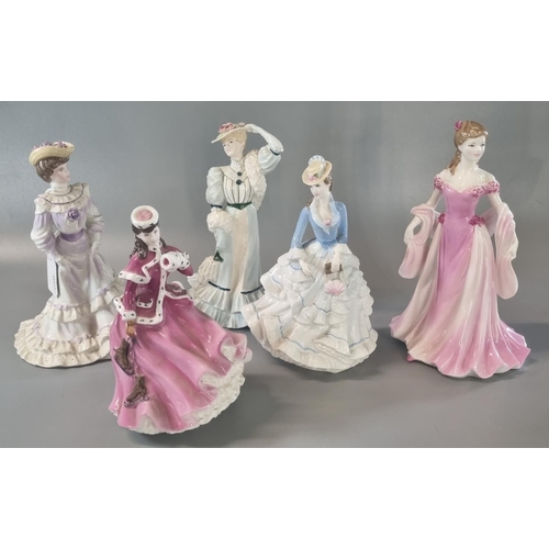 125 - Four Coalport bone china figurines to include: Golden Age 'Louisa at Ascot', 'A Seaside Stroll', 'Be... 