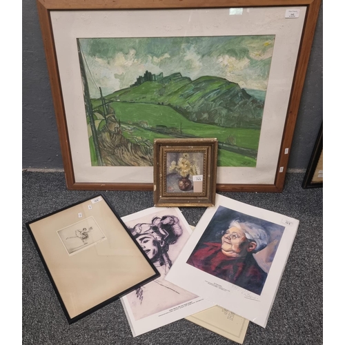 142 - Group of assorted prints and furnishing pictures to include: etching of a ballet dancer signed by Gr... 