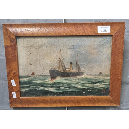 144 - British School (19th/early 20th century), study of a steam freighter, indistinctly signed.  Oils on ... 