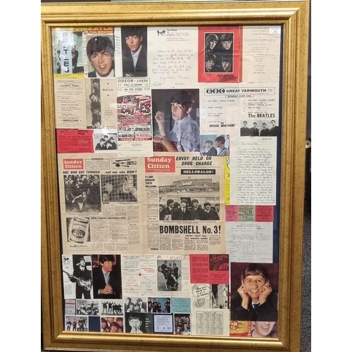 148 - Large framed montage of Beatles press cuttings, promotional posters, reproduction letters and other ... 