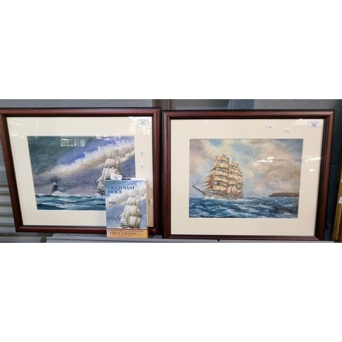 156 - Grace Scurlock, marine studies featuring sailing vessels off lighthouses, coloured prints, a pair.  ... 