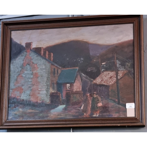 158 - Les Mason, Valleys street scene with figures, signed verso.  oils on board.  46x60cm approx.  Framed... 