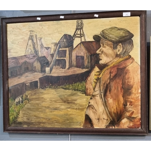 159 - Cheryl M Thomas, portrait of a coal miner with pithead, signed.  Oils on board.  60x75cm approx.  Fr... 