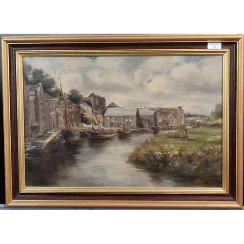 160 - EEV, (Welsh School), quayside scene with castle above and bridge, possibly Haverfordwest, signed wit... 