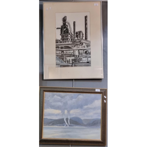 162 - Beverley Currie, study of steel works Port Talbot, signed.  Charcoal.  50x32cm approx.  Together wit... 