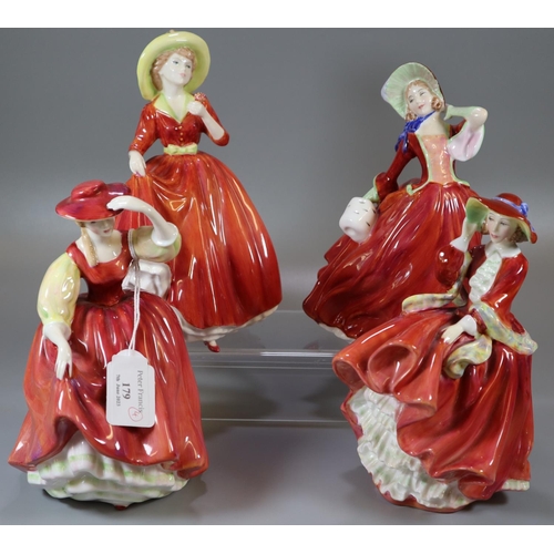 179 - Four Royal Doulton bone china figurines: 'Top 'O the Hill', 'Autumn Breezes' HN1934, 'Buttercup' HN2... 