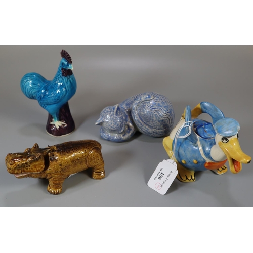 180 - Four animal figures to include; blue glazed Art pottery cat with indistinct signature to base (Saim ... 