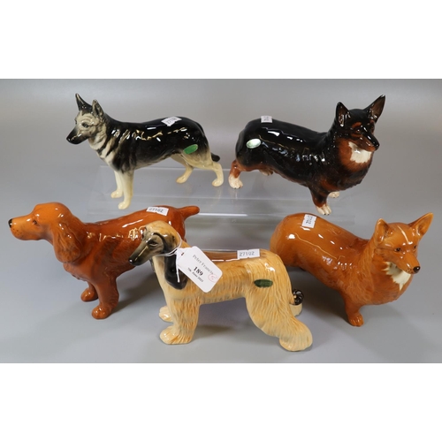 189 - Collection of five Beswick ceramic dogs to include: Spaniel 'Horseshoe Primula', Afghan Hound 'Hajub... 
