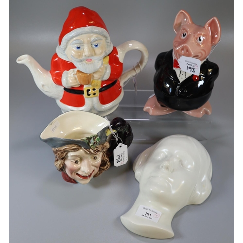 193 - Four china items to include: Beswick 'Barnaby Rudge' character jug 4121, Price Kensington Santa Clau... 