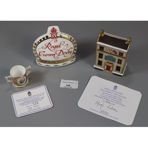 196 - Three Royal Crown Derby limited edition commemorative ornaments to include; 'The Golden Wedding Anni... 