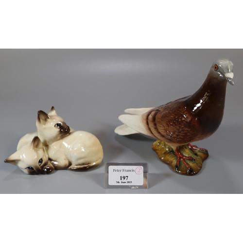 197 - A Beswick 1296 animal figure group of Siamese kittens and a Beswick brown 1383 pigeon designed by Mr... 