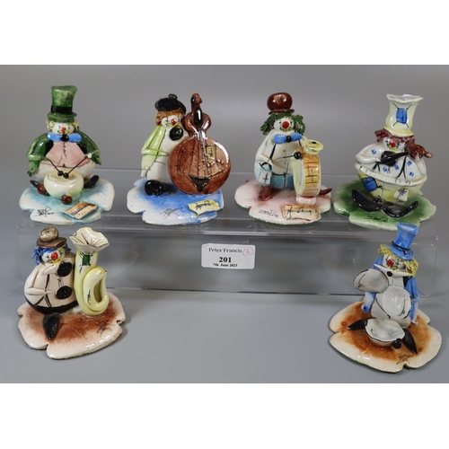 201 - A collection of Italian Zampiva hand made pottery musical clown figures with various instruments. (6... 