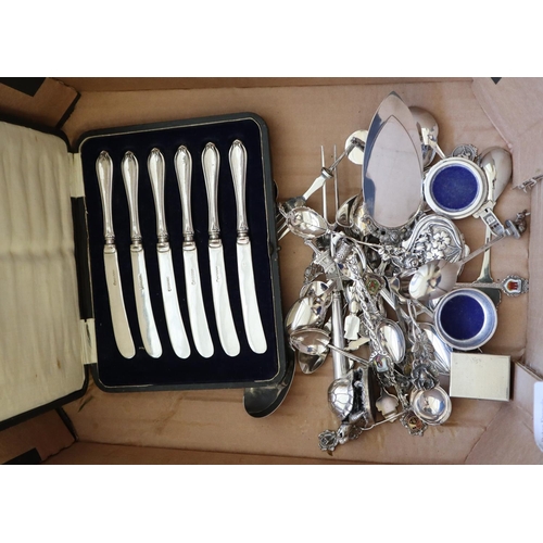 212 - Box of silver and silver plate to include: continental 835 spoons and cake server decorated with ros... 