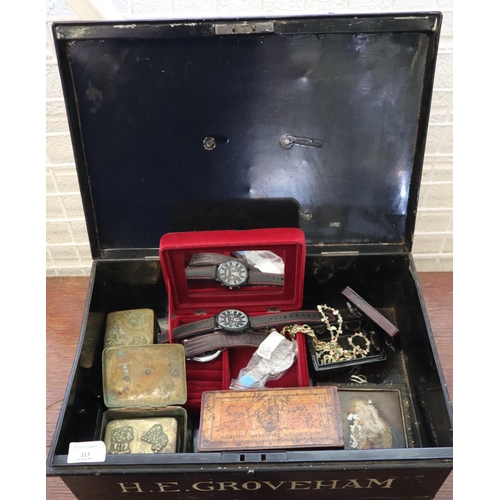 213 - Vintage tin deed box, the interior revealing assorted items to include: modern wristwatches, money b... 