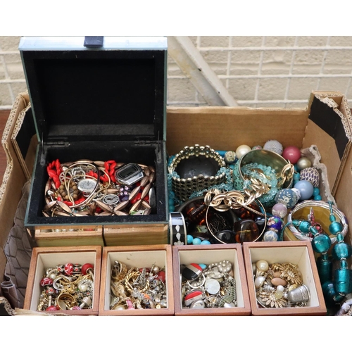 215 - Box of vintage and other jewellery to include: mirrored box, necklaces, bangles, watches, charm brac... 