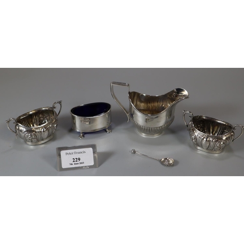 229 - Pair of early 20th century boat shaped two handled silver salts together with a silver mustard jar w... 