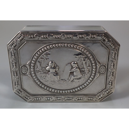 236 - White metal, probably German, octagonal box, the top decorated with relief figures of young children... 