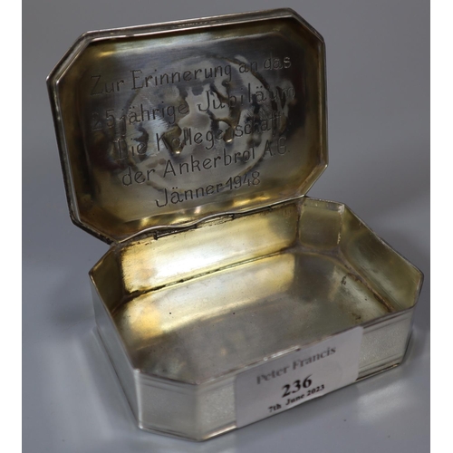 236 - White metal, probably German, octagonal box, the top decorated with relief figures of young children... 