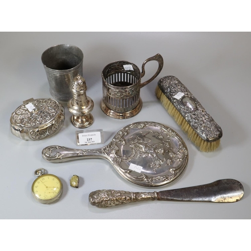 237 - Box of mainly silver plate to include: open face pocket watch marked Howells Llandilo Lever, cup hol... 