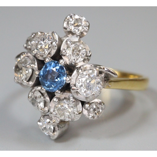 246 - 18ct gold sapphire and diamond cluster ring.  10g approx.  Size S.   (B.P. 21% + VAT)