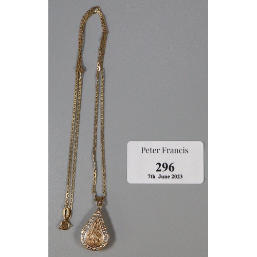 296 - 9ct gold fine necklace with tear drop pendant locket.  3.3g approx.   (B.P. 21% + VAT)