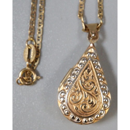 296 - 9ct gold fine necklace with tear drop pendant locket.  3.3g approx.   (B.P. 21% + VAT)