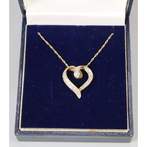 298 - 9ct gold fine necklace with 9ct gold heart pendant.  2.5g approx.   (B.P. 21% + VAT)