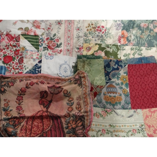 353 - Box of textiles to include: partly made patchwork quilts, cushion covers, various vintage fabrics; l... 