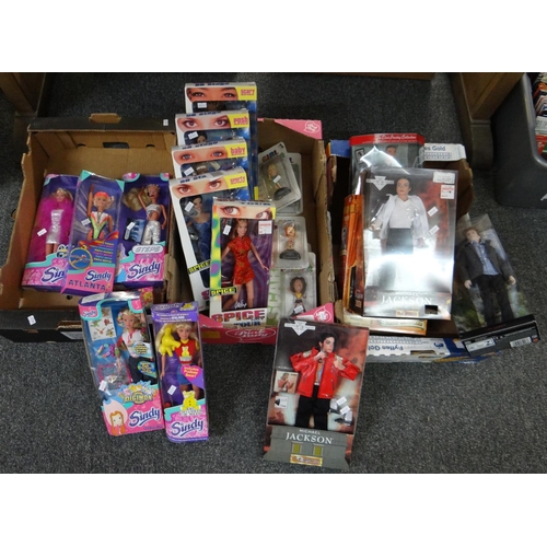 381 - Three boxes of modern boxed collectable toys/dolls, to include: singing Michael Jackson, Elvis Presl... 