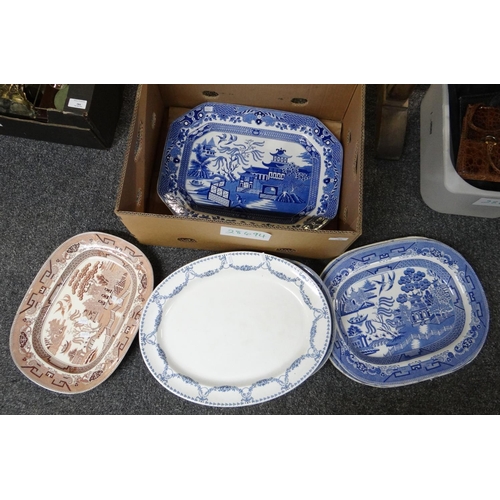 383 - Box of 19th Century and other meat plates to include: a brown and white willow design, blue and whit... 