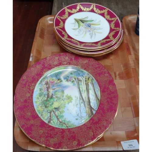 394 - Set of six 19th Century hand painted porcelain Worcester botanical dessert plates with gilt ivy deco... 