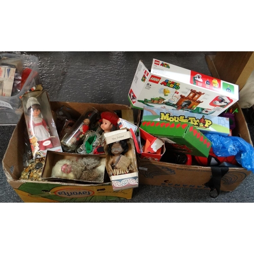 397 - Two boxes of toys/board games etc, to include: Poker, Mousetrap, Leggo Super Mario, continental and ... 