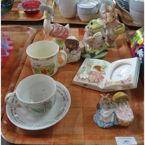 403 - Tray of Beatrix Potter related items to include: Royal Albert 'Jemima Puddleduck', 'Mrs Rabbit' and ... 