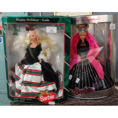 412 - Barbie Happy Holidays Gala doll together with another Happy Holidays Barbie doll, both in original b... 