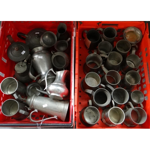 420 - Two boxes of assorted mainly pewter to include: tankards, jugs, coffee pot etc.  (2)  (B.P. 21% + VA... 