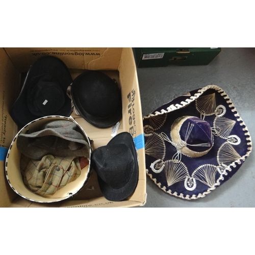 422 - Box of vintage hats to include: a velvet sombrero, a suede 'Slouch hat', a black Lock & Co bowler ha... 