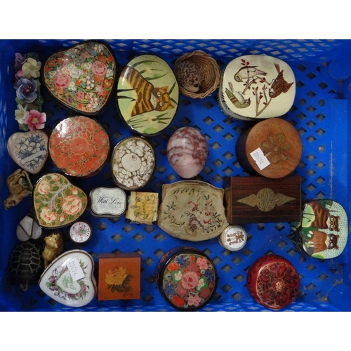 435 - Box containing mostly decorative trinket boxes; papier mache painted with animals and flowers, woode... 