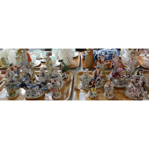 439 - Two trays of Continental porcelain figures and figure groups; mostly German porcelain, some with cro... 