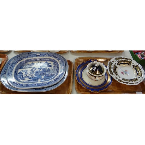 444 - Two trays of china to include: two blue and white willow pattern meat plates; one Staffordshire ston... 