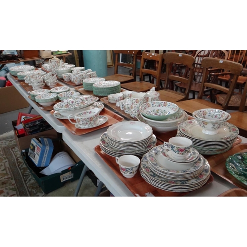 452 - Ten trays of china to include: a large quantity of Minton 'Haddon Hall' design dinner, tea and coffe...