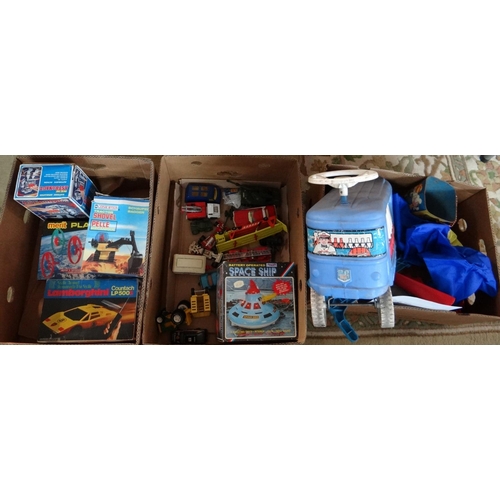 454 - Three boxes of assorted toys and diecast model vehicles to include: Lone Star tractor shovel, New As... 