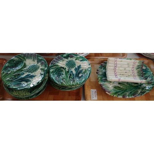 458 - Two trays of 19th Century Majolica moulded relief design asparagus and artichoke design plates (7 pl... 