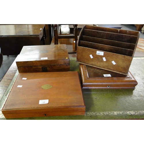 539 - Two empty cutlery boxes together with a 19th century rosewood writing slope and a letter rack.  (4)