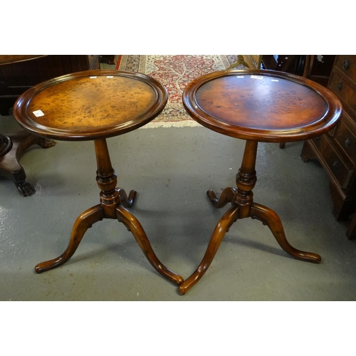 545 - Pair of reproduction burr walnut tripod wine tables.  (2)  (B.P. 21% + VAT)