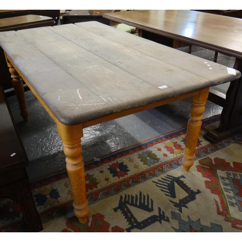 547 - Victorian pine farmhouse kitchen table with painted base.  162x93x74cm approx.  (B.P. 21% + VAT)